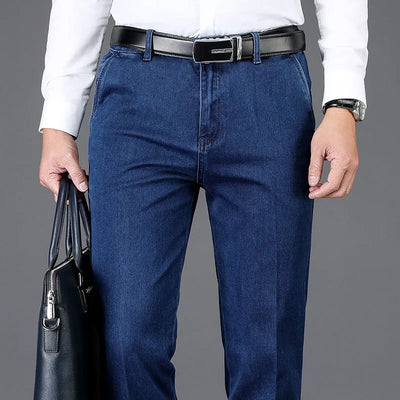 Classic Style Autumn and Winter Men's Thick High Waist Jeans Business Casual Denim Stretch Straight Trousers Male Brand Pants Bulexpress