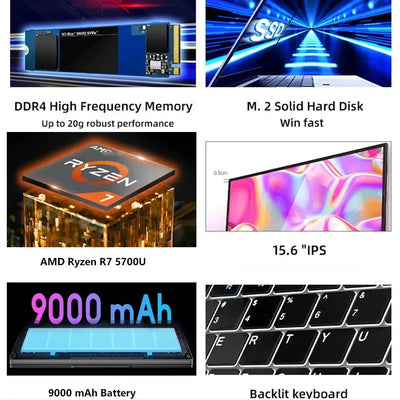 2024 AMD Laptops Gaming Office Business Notebooks Win11 15.6 inch IPS Ryzen7 5700U 8 Cores 32GB DDR4 2TB PCIE 9000mAh