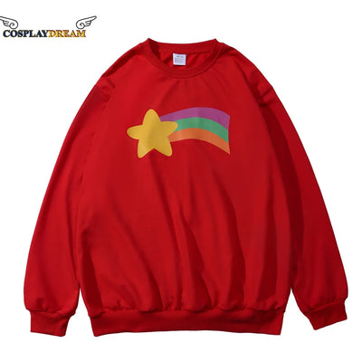 a red sweatshirt with a rainbow and star on it