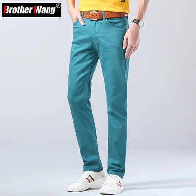 2023 Autumn New Men's Bright Stretch Fit Jeans Trendy Denim Straight-leg Trousers Male Red Lake Blue Yellow Trousers Bulexpress