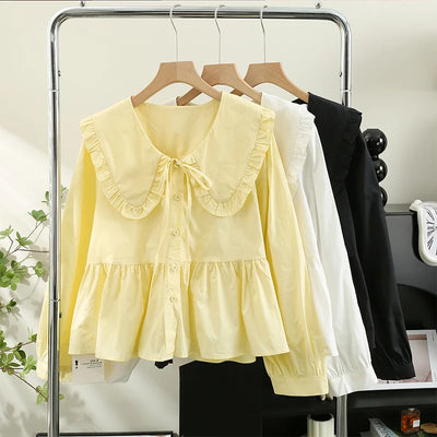 Sweet Peter Pan Collar Blouse Long Sleeve Single Breasted Lace Up Solid Color Women Shirts Spring Summer Casual Tops Bulexpress
